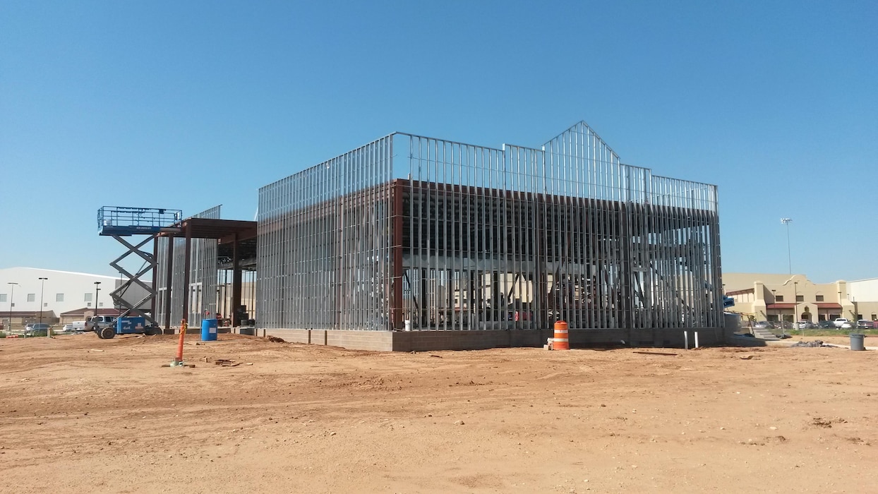 CANNON AIR FORCE BASE, N.M. – A satellite dining facility that is in the “erection of structural steel and metal framing stages.” This facility will provide 900 meals daily to enlisted personnel. Photo by James Vigil, Aug. 12, 2015. This was a 2016 Photo Drive entry.