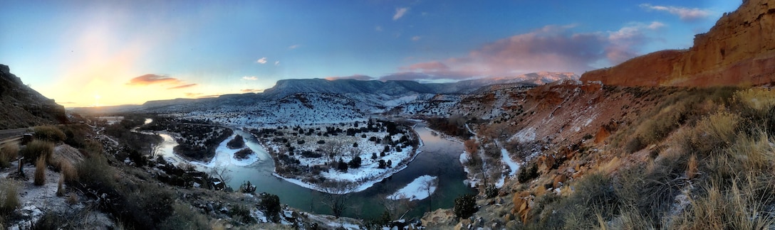 ABIQUIU DAM, N.M. – A panorama view of the Rio Chama below the dam, Jan. 9, 2016. Photo by Austin Kuhlman. This 2016 Photo Drive entry tied for second place, based on employee voting.