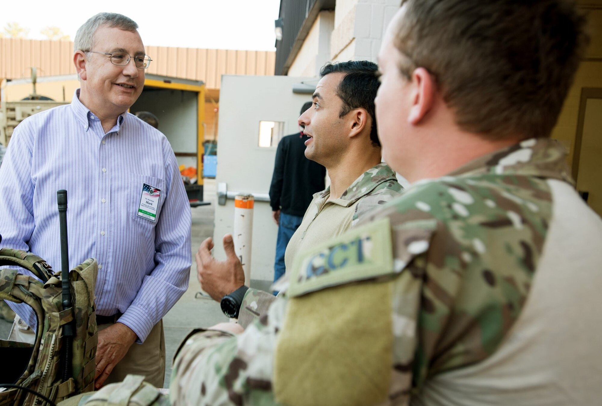 Mark R. Rudo, an AMC civic leader representing Dover Air Force Base, Del., learns about the special tactics mission and how AMC supports the special tactics mission at the 21st Special Tactics Squadron on Pope Army Airfield, N.C. Nov. 16, 2016. The visit was part of the AMC civic leader tour of the AMC mission at Pope AAF.  The tour provided insight into AMC’s prominent role enabling joint mission effects globally. (U.S. Air Force photo by Marc Barnes)