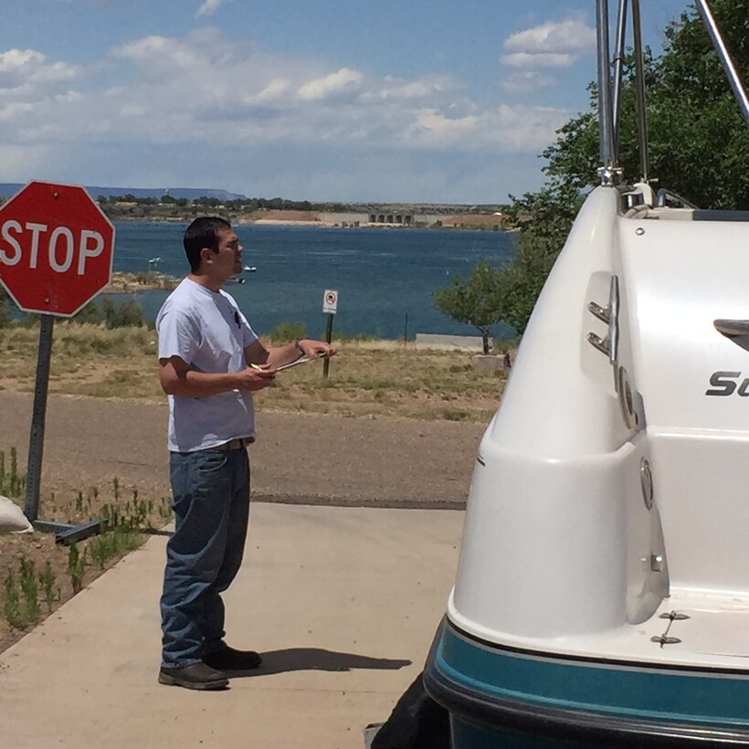 CONCHAS LAKE, N.M. – During the busy Memorial Day Weekend, Shawn Blake, a District employee at Abiquiu Lake, volunteered with boat inspections at the Corps’ boat ramp. Photo by Toni Brown, May 28, 2016. This was a 2016 Photo Drive entry.