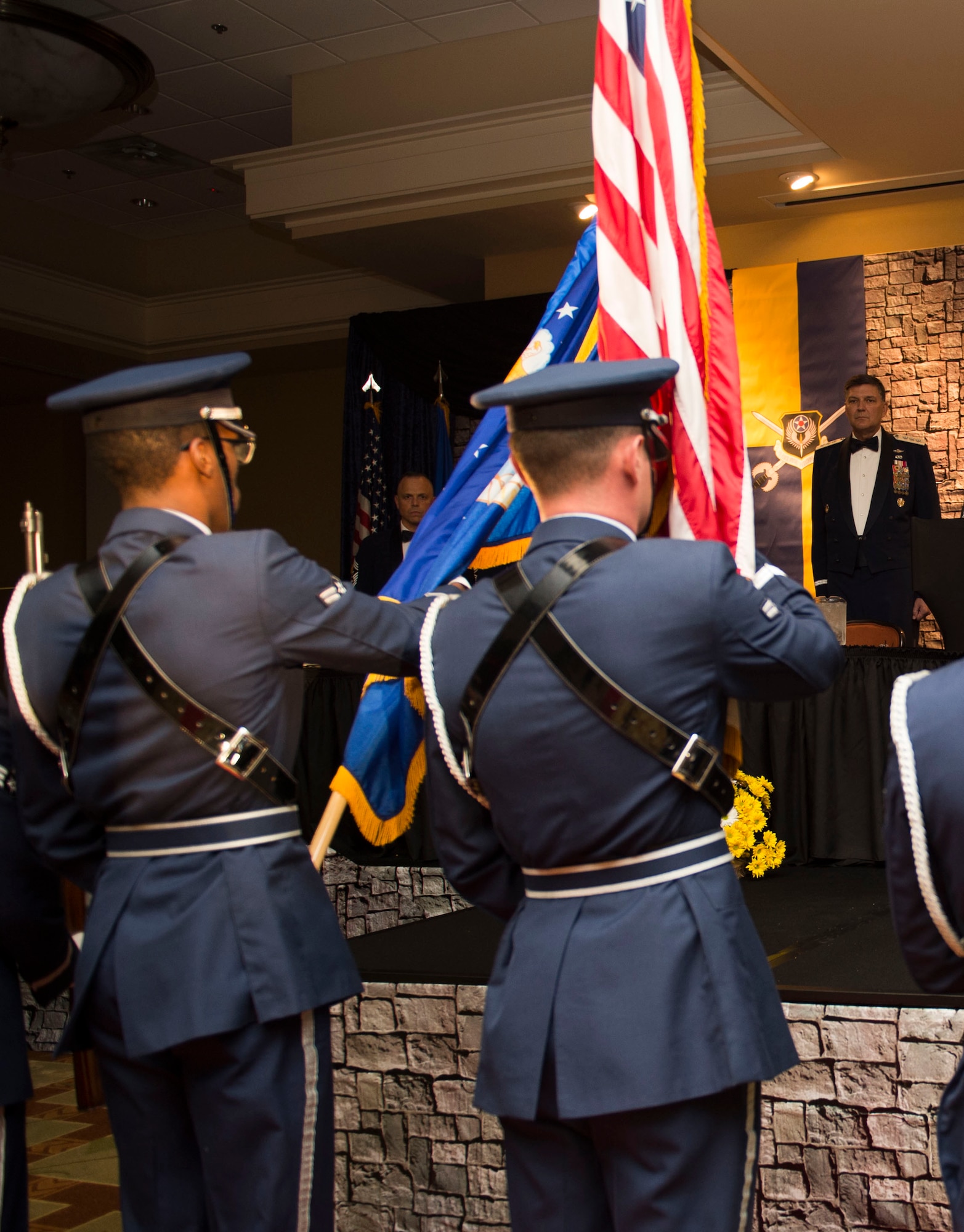 Hurlburt Field Honor Guard members post the colors durign the Order of the Sword ceremony at Hurlburt Field Fla., Nov. 18, 2016. The Order of the Sword is the highest and most prestigious award that can be given to an officer by enlisted military members. (U.S. Air Force photo by Senior Airman Krystal M. Garrett)