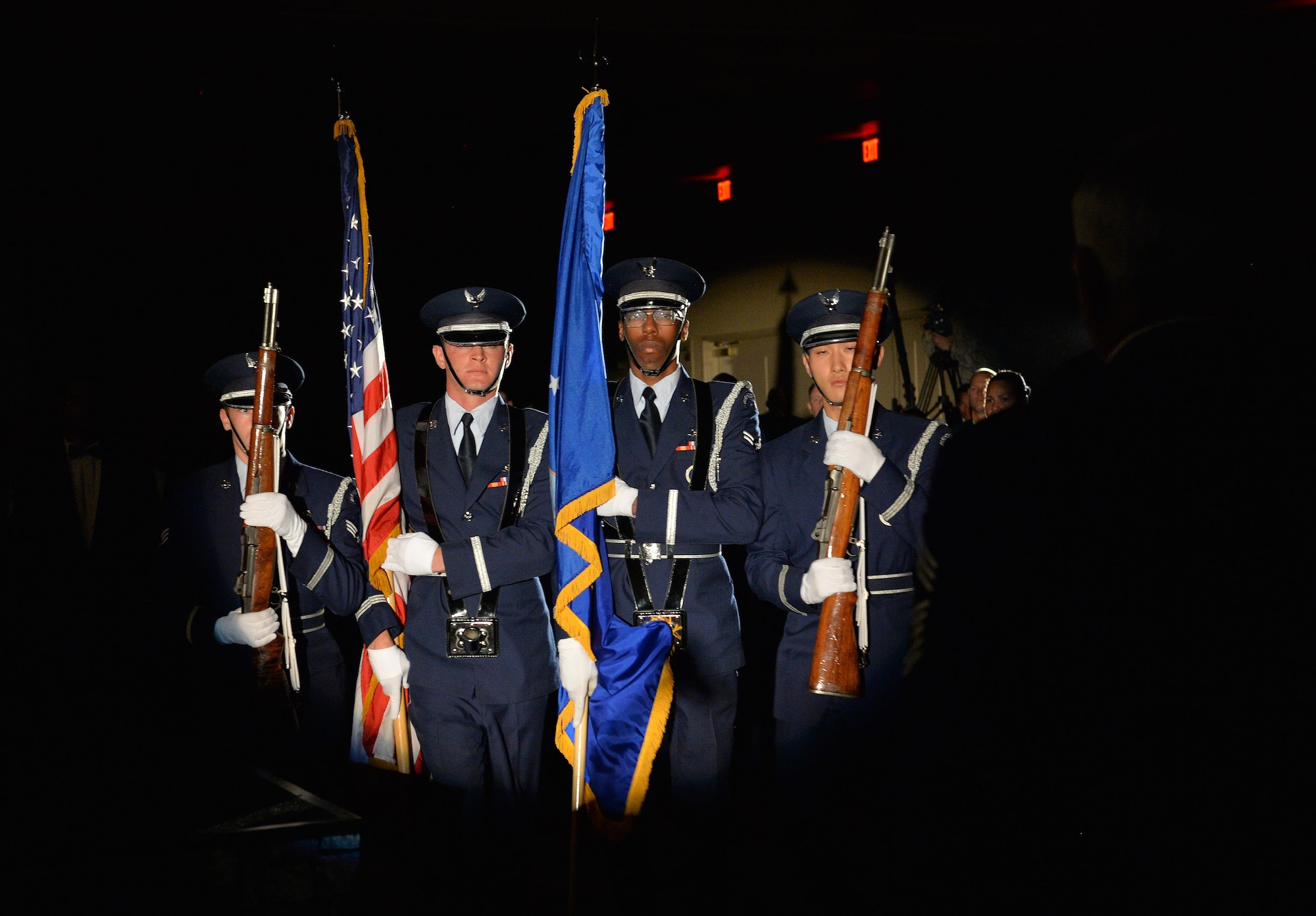 The Hurlburt Field Honor Guard presents the colors during an Order of the Sword ceremony at Hurlburt Field, Fla., Nov. 18, 2016. The ceremony honored Lt. Gen. Brad Heithold, former commander of Air Force Special Operations Command, for his significant contributions to the enlisted force. (U.S. Air Force photo by Senior Airman Andrea Posey)