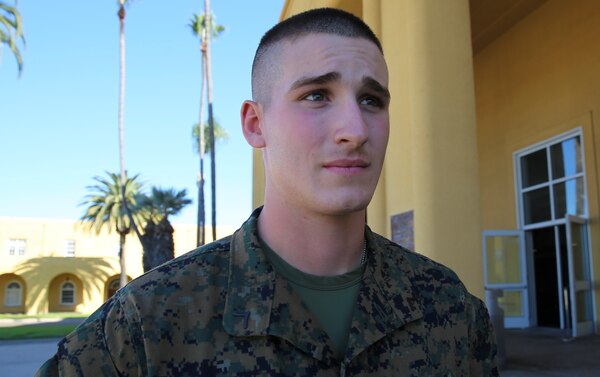 Private First Class Gustis Goin, Mike Company, 3rd Recruit Training Battalion, stands at parade rest at Marine Corps Recruit Depot San Diego, Nov. 14. Goin served as a squad leader in Platoon 3270 for the entire training cycle. Annually, more than 17,000 males recruited from the Western Recruiting Region are trained at MCRD San Diego.Mike company is scheduled to graduate Nov. 18.