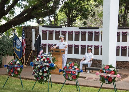 161111-N-KV911-131 JOINT BASE PEARL HARBOR-HICKAM, Hawaii (Nov. 11, 2016) – Rear Adm. Frederick “Fritz” Roegge, commander, Submarine Force U.S. Pacific Fleet, speaks during a Veterans Day ceremony held at the USS Parche Submarine Park and Memorial at Joint Base Pearl Harbor-Hickam. Roegge served as the guest speaker for the ceremony, which was hosted by the U.S. Submarine Veterans Inc. Bowfin Base. (U.S. Navy photo by Petty Officer 2nd Class Shaun M. Griffin)