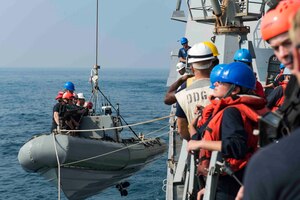ARABIAN GULF (Nov. 18, 2016) - Sailors assigned to the guided-missile destroyer USS Nitze (DDG 94) conduct boat operations while rendering assistance to a distressed Iranian vessel. Nitze, deployed as part of the Eisenhower Carrier Strike Group, is supporting maritime security operations and theater security cooperation efforts in the U.S. 5th Fleet area of operations. (U.S. Navy photo by Petty Officer 3rd Class Casey J. Hopkins)
