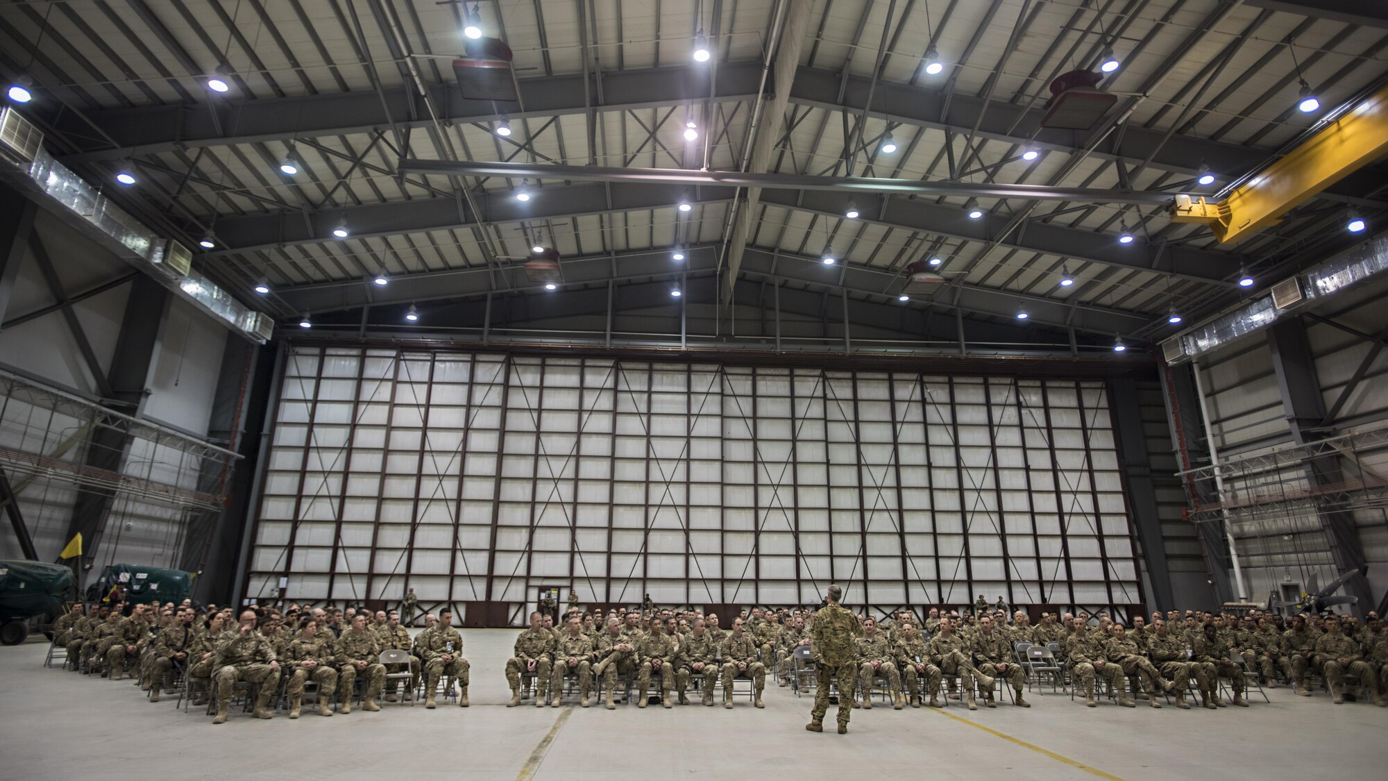 Gen. Hawk Carlisle, Air Combat Command commander, speaks to 455th Air Expeditionary Wing members during a visit to Bagram Airfield, Afghanistan Nov. 19, 2016. Carlisle and ACC Command Chief Master Sgt. Steve K. McDonald visited several units during their trip, speaking to Airmen about the challenges of deployment and thanking them for their service. (U.S. Air Force photo by Staff Sgt. Katherine Spessa)