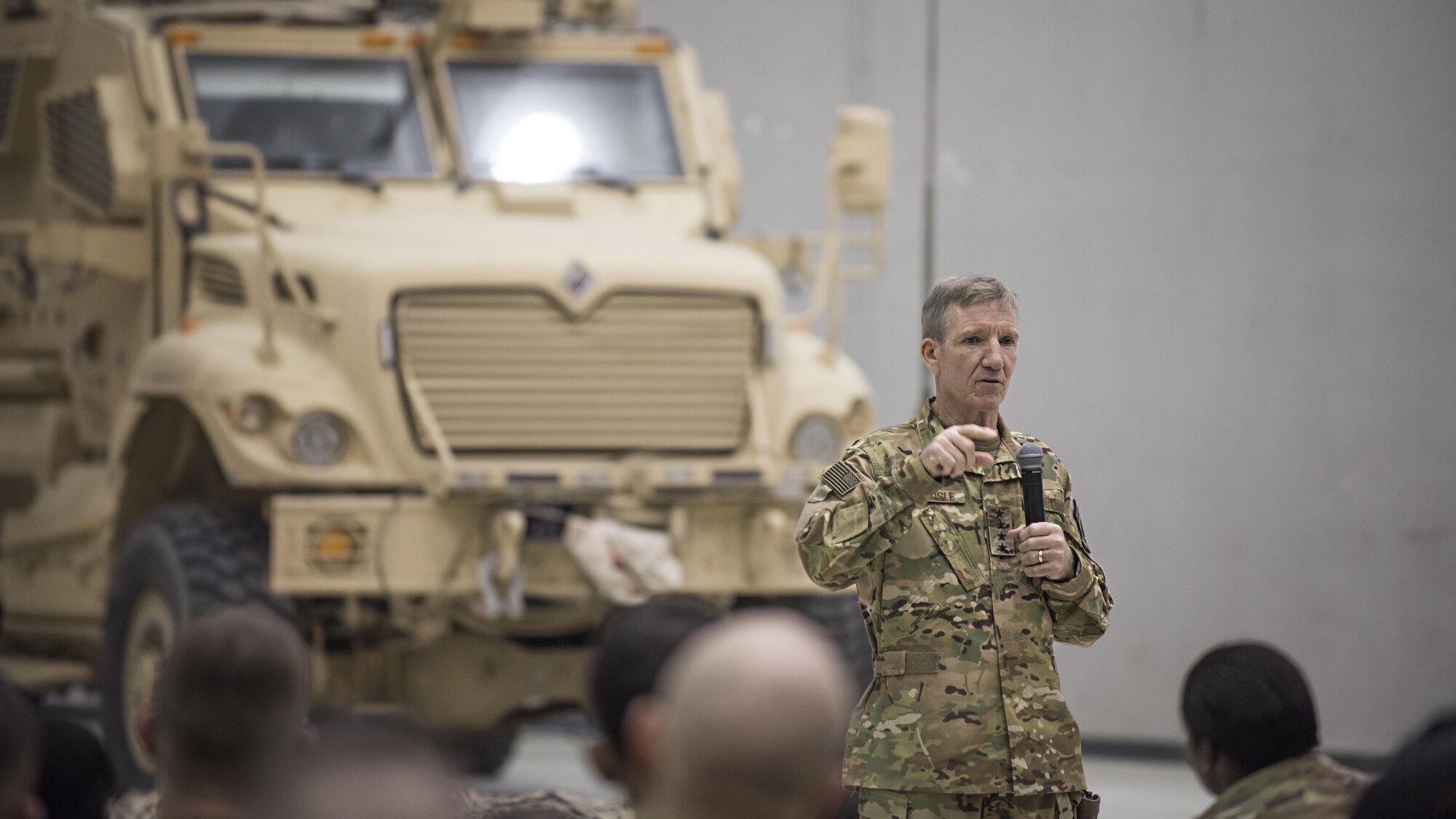 Gen. Hawk Carlisle, Air Combat Command commander, speaks to 455th Air Expeditionary Wing members during a visit to Bagram Airfield, Afghanistan Nov. 19, 2016. Carlisle and ACC Command Chief Master Sgt. Steve K. McDonald took the opportunity to ask Airmen what support they needed while downrange. (U.S. Air Force photo by Staff Sgt. Katherine Spessa)