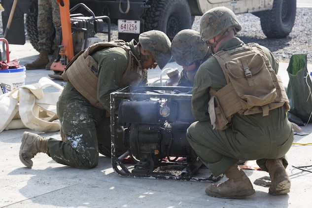 U.S. Marine Corps Lance Cpls. Jorge Lares, left, Ashley Garcia, middle, and Austin Berube, right, combat engineers with Marine Wing Support Squadron (MWSS) 171, attempt to fix a generator during unit level training at Marine Corps Air Station Iwakuni, Japan, Nov. 17, 2016. The focused on base recovery exercises to better prepare the Marines for scenarios that could arise while on station or during deployment. (U.S. Marine Corps photo by Lance Cpl. Joseph Abrego)
