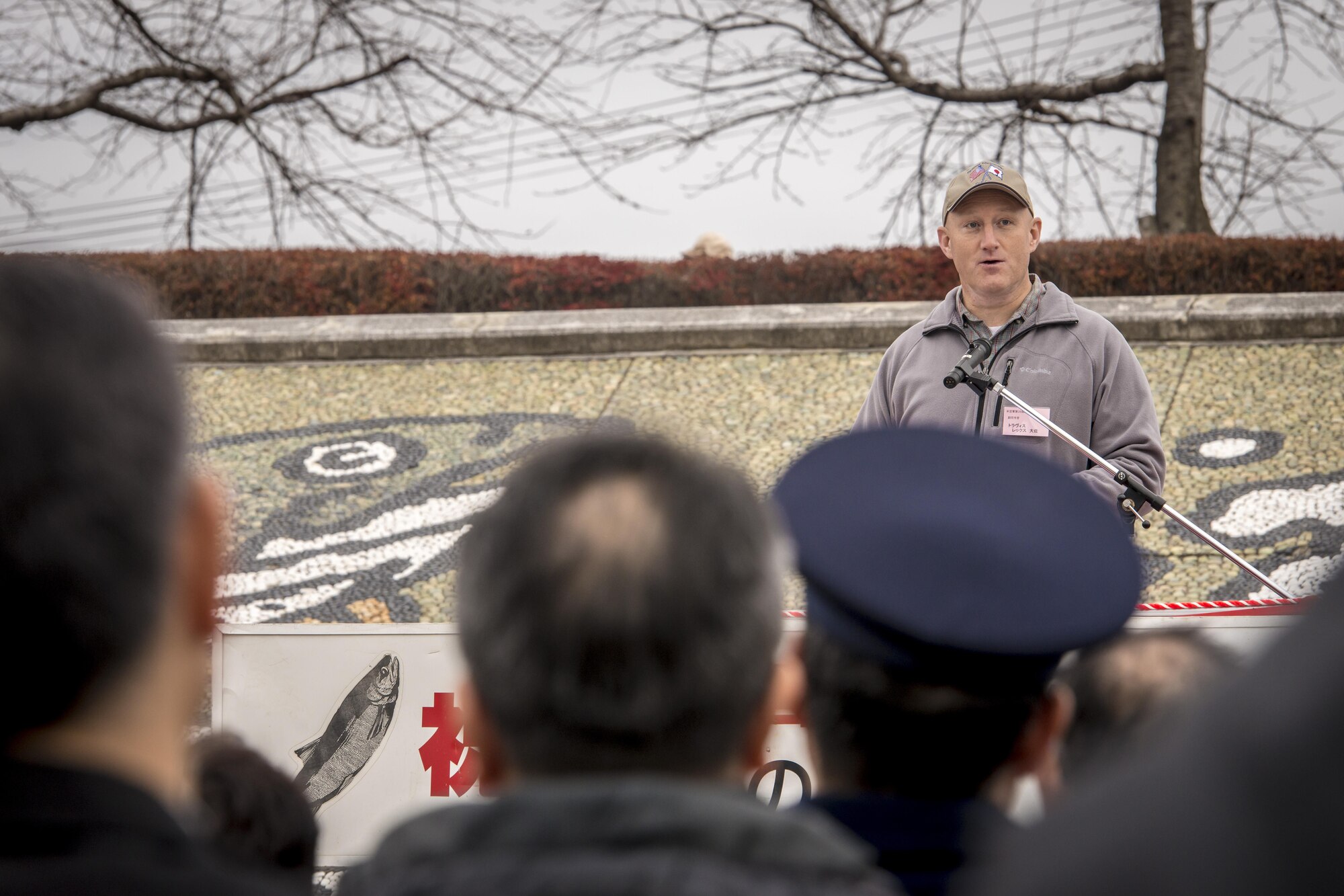 U.S. Air Force Col. Travis Rex, the 35th Fighter Wing vice commander, addresses attendees to the 11th Annual Salmon Festival in Oirase, Japan, during the opening ceremony Nov. 19, 2016. The annual event attracts Japanese and Americans alike from hundreds of miles away and is known regionally as the largest salmon festival in Northern Japan. Every year, a Misawa Air Base commander speaks at the event as an opportunity to thank the Japanese community for their ongoing support of U.S. operations in the region. (U.S. Air Force photo by Staff Sgt. Benjamin W. Stratton)