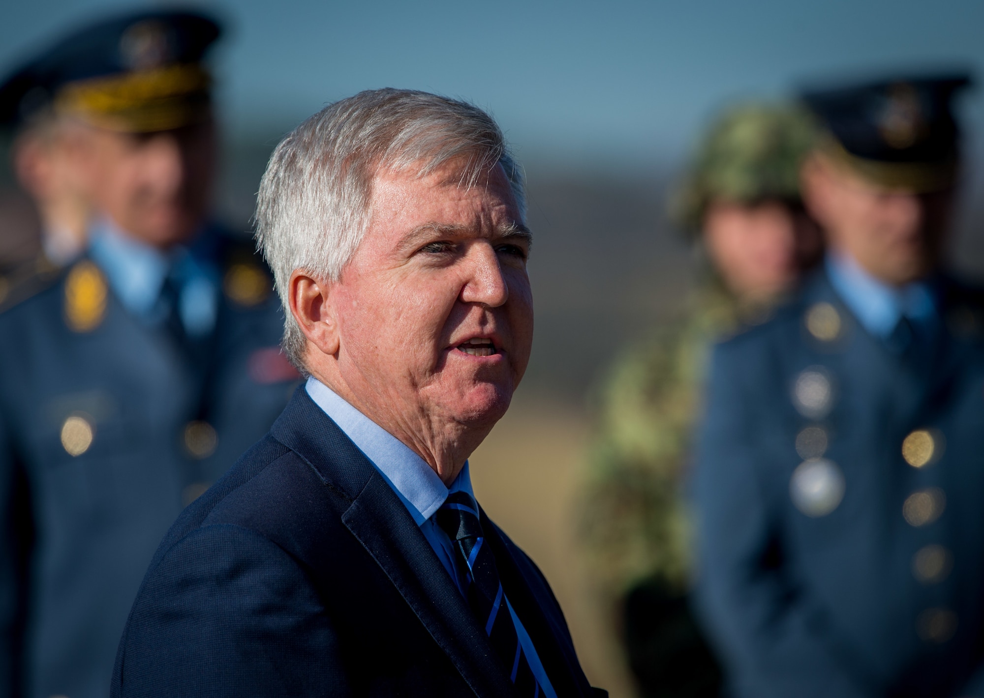 Kyle Scott, U.S. Ambassador to Serbia, speaks to an audience of local Serbians at the Operation Halyard memorial in Pranjani, Serbia, Nov. 17, 2016.  The U.S. State Department, U.S. Air Force, Royal Air Force and Serbian Armed Forces were in attendance to commemorate the event and the heroic actions of the Serbian people. Operation Halyard was the rescue mission to save more than 500 Allied Airmen who were shot down over Serbia during WWII. The local Serbians housed and fed the downed Airmen, while also keeping their presence a secret from the German forces searching for them. The operation was, and still is, the largest rescue of downed Americans. (U.S. Air Force photo by Tech. Sgt. Ryan Crane)