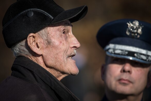 A Serbian man, who was a child when his family cared for downed World War II Airmen, recounts the day in 1944 when the Airmen were shot down behind enemy lines at the Operation Halyard memorial in Pranjani, Serbia, Nov. 17, 2016.  The U.S. State Department, U.S. Air Force, Royal Air Force and Serbian Armed Forces were in attendance to commemorate the event and the heroic actions of the Serbian people. Operation Halyard was the rescue mission to save more than 500 Allied Airmen who were shot down over Serbia during WWII. The local Serbians housed and fed the downed Airmen, while also keeping their presence a secret from the German forces searching for them. (U.S. Air Force photo/Tech. Sgt. Ryan Crane)
