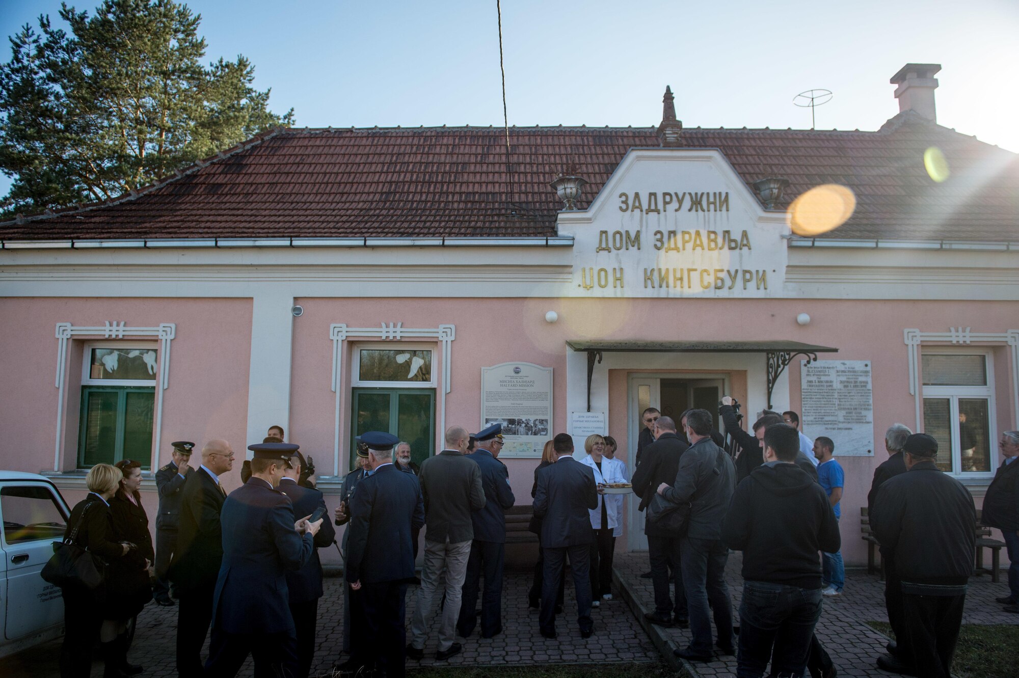 Americans, Brits and Serbians visit a hospital in Pranjani, Serbia, Nov. 17, 2016, that was used to treat wounded Airmen during Operation Halyard. The U.S. State Department, U.S. Air Force, Royal Air Force and Serbian Armed Forces were in attendance to commemorate the event and the heroic actions of the Serbian people. Operation Halyard was the rescue mission to save more than 500 Allied Airmen who were shot down over Serbia during WWII. The local Serbians housed and fed the downed Airmen, while also keeping their presence a secret from the German forces searching for them. The operation was, and still is, the largest rescue of downed Americans. (U.S. Air Force photo by Tech. Sgt. Ryan Crane)