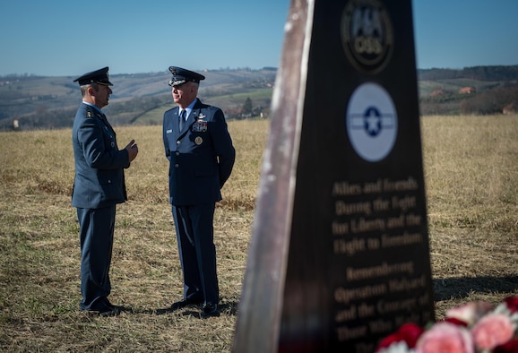 Brig. Gen. Randy Huston, the Third Air Force mobilization assistant, speaks to his Serbian Armed Forces counterpart at the Operation Halyard memorial in Pranjani, Serbia, Nov. 17, 2016. The U.S. State Department, U.S. Air Force, Royal Air Force and Serbian Armed Forces were in attendance to commemorate the event and the heroic actions of the Serbian people. Operation Halyard was the rescue mission to save more than 500 Allied Airmen who were shot down over Serbia during World War II. The local Serbians housed and fed the downed Airmen, while also keeping their presence a secret from the German forces searching for them. (U.S. Air Force photo/Tech. Sgt. Ryan Crane)