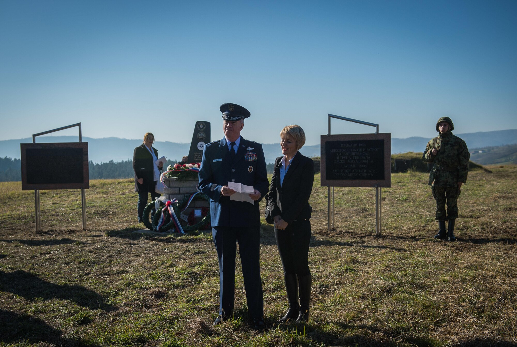 Brig. Gen. Randy Huston, 3rd Air Force mobilization assistant, speaks to an audience of Serbians at the Operation Halyard memorial in Pranjani, Serbia, Nov. 17, 2016.  The U.S. State Department, U.S. Air Force, Royal Air Force and Serbian Armed Forces were in attendance to commemorate the event and the heroic actions of the Serbian people. Operation Halyard was the rescue mission to save more than 500 Allied Airmen who were shot down over Serbia during WWII. The local Serbians housed and fed the downed Airmen, while also keeping their presence a secret from the German forces searching for them. The operation was, and still is, the largest rescue of downed Americans. (U.S. Air Force photo by Tech. Sgt. Ryan Crane)