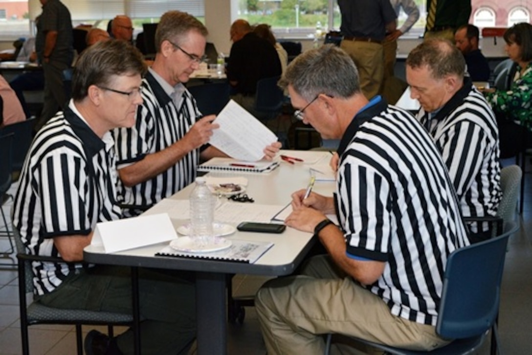 Referees deliberating teams’ scores based on the appropriateness of adaptation options; consideration of the ecological, economic and societal impacts; and on innovation.
