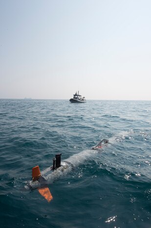 An unmanned underwater vehicle (UUV), from Commander, Task Force 56.1 (CTF 56.1), surfaces to be recovered in the Arabian Gulf Oct 27, 2016 during a bilateral mine countermeasures (MCM) exercise between the U.S. Navy and Royal Navy. The U.S.-U.K. MCM exercise was designed to provide an opportunity for both nations to share knowledge of MCM techniques to respond to mine threats. The combined MCM force enhances MCM capabilities in searching, identifying and neutralizing mines threatening the freedom of navigation and free flow of commerce. 