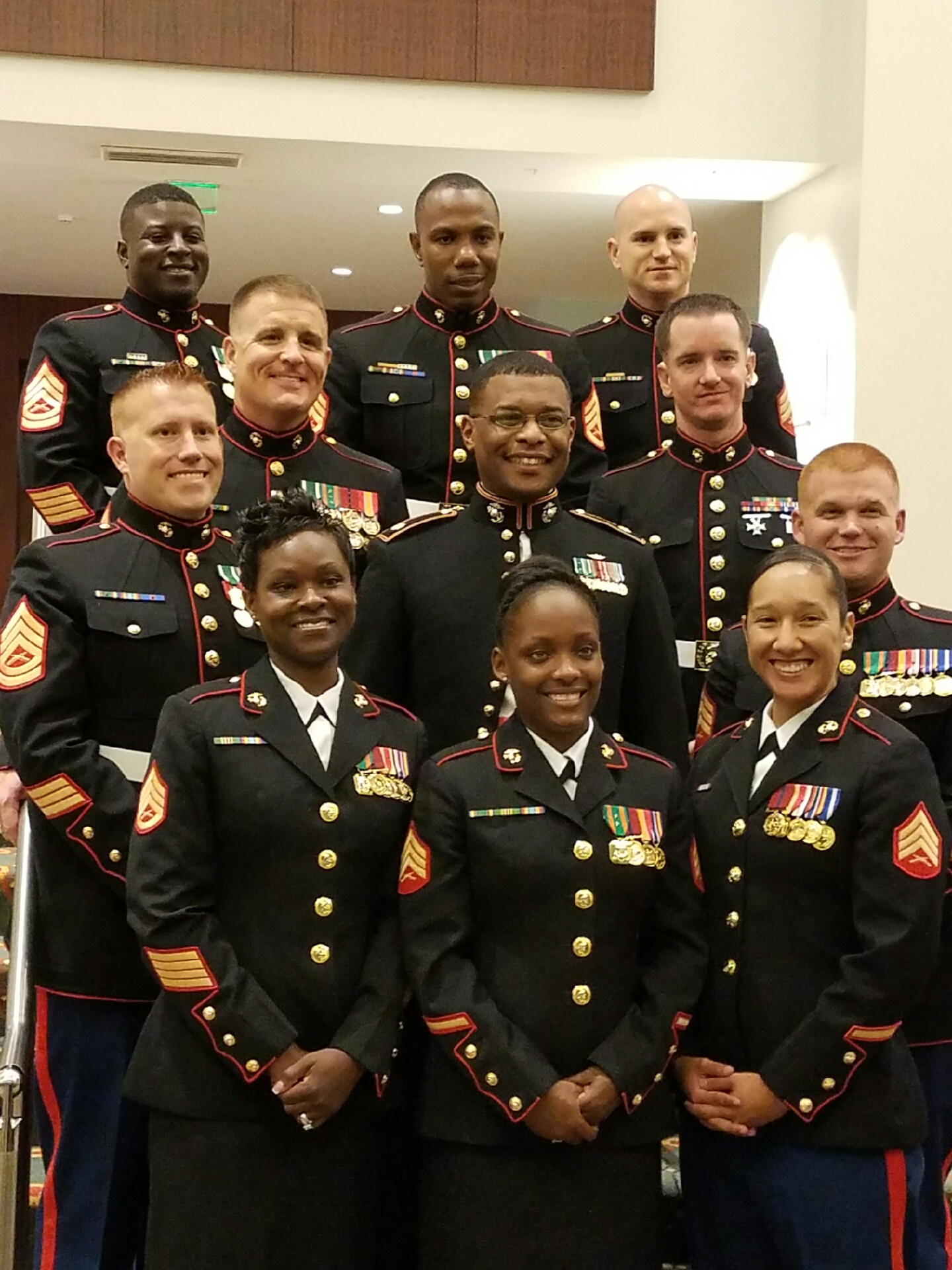 Station commanders across Recruiting Station Montgomery gather together for a photo with Maj. Dwane Sims Oct. 29, 2016, during the 241st Marine Corps Birthday Ball celebration at the Renaissance Montgomery Hotel and Spa in Montgomery, Alabama. Sims is the acting Commanding Officer for Recruiting Station Montgomery. (Official Marine Corps courtesy photo/Released)

