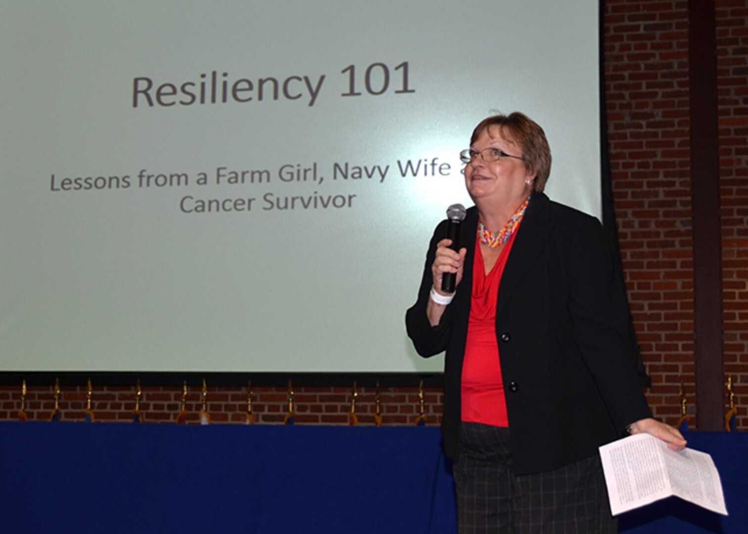 Julia Roquemore, a division chief in Defense Logistics Agency Aviation’s Strategic Acquisition Programs Directorate, shares her personal resiliency story with audience members during the activity’s Resiliency Day celebration Nov. 15, 2016, in the Lotts Conference Center on Defense Supply Center Richmond, Virginia. 