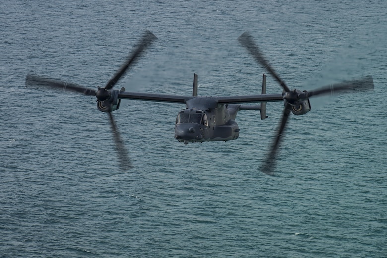 A CV-22 Osprey tiltrotor aircraft with the 8th Special Operations Squadron flies over the Gulf of Mexico during a training mission, Nov. 18, 2016. The Osprey combines the vertical takeoff, landing and hover qualities of a helicopter with the long-range, fuel efficient and speed characteristics of a turboprop aircraft. (U.S. Air Force photo by Airman 1st Class Joseph Pick)