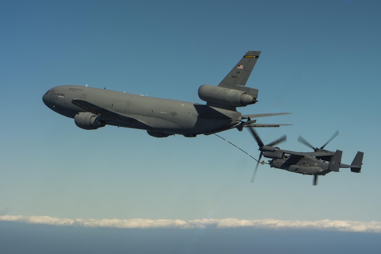 A CV-22 Osprey tiltrotor aircraft with the 8th Special Operations Squadron connects to a KC-10 Extender air-refueling receptacle during a training mission over the Gulf of Mexico, Nov. 18, 2016. The air-refuel mission marked the first time an 8th SOS aircraft has connected to a KC-10. (U.S. Air Force photo by Airman 1st Class Joseph Pick)