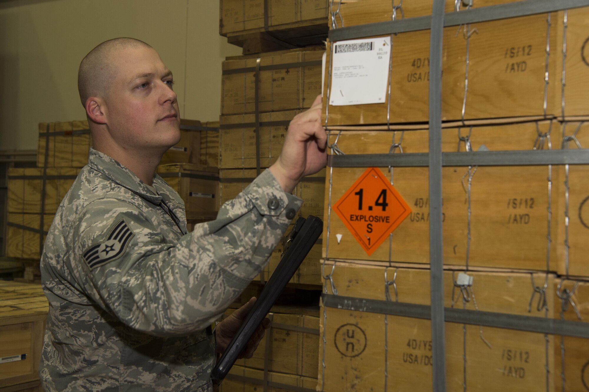 Staff Sgt. Bryan Thompson, 90th Munition Squadron munitions operations NCO in charge, inventories ammunition at F.E. Warren Air Force Base, Wyo., Oct. 31, 2016. Thompson is in charge of acquiring and inventorying every munition asset delivered to the base. The 90th MUNS mission is to enable nuclear deterrence by maintaining combat ready munitions in defense of global freedoms safely, securely and effectively. (U.S. Air Force photo by Staff Sgt. Christopher Ruano)