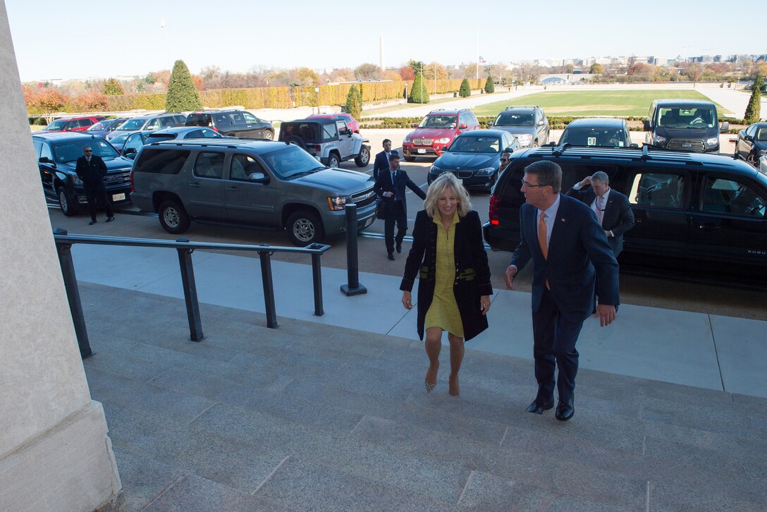 Defense Secretary Ash Carter greets Dr. Jill Biden during her visit to the Pentagon, Nov. 21, 2016. DoD photo by Army Sgt. Amber I. Smith