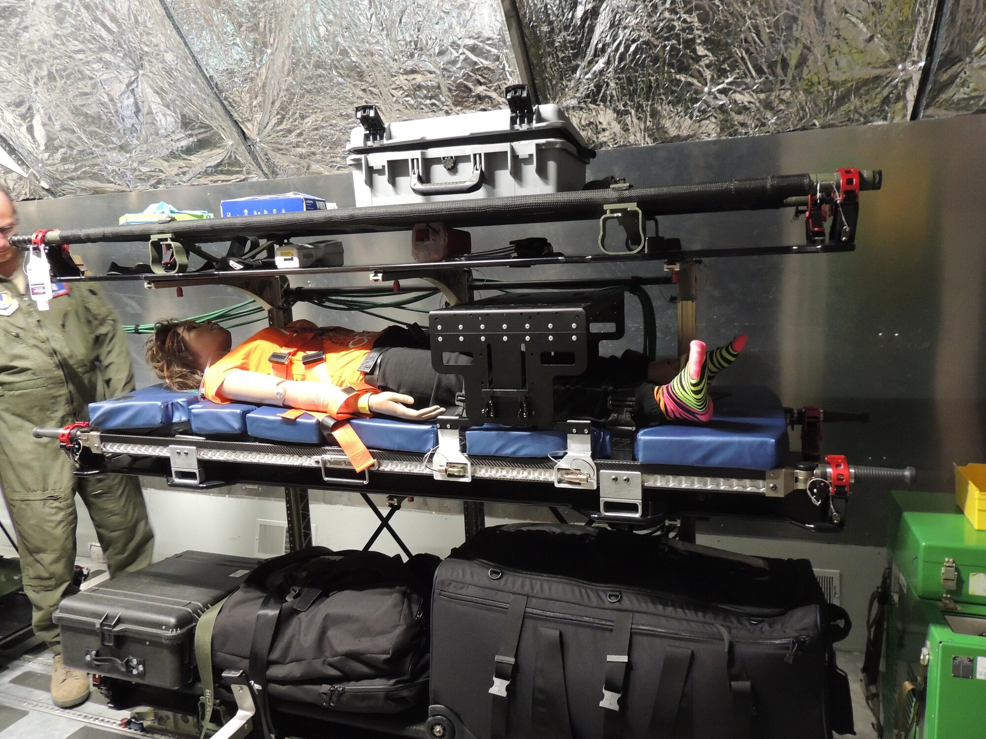 Cornerstone Research Group’s aeromedical evacuation stretcher is shown during a compatibility test on a KC-135. Courtesy photo / Cornerstone Research Group)