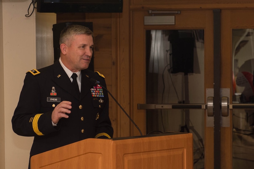 U.S. Army Maj. Gen. Robert Dyess, Army Capability Command deputy commander, addresses attendees of the Survivor Outreach Services’ Thanks for Giving Potluck at Joint Base Langley-Eustis, Va., Nov. 17, 2016. During his speech, Dyess talked about the importance of family, mentors and friends. (U.S. Air Force photo by Airman 1st Class Derek Seifert)