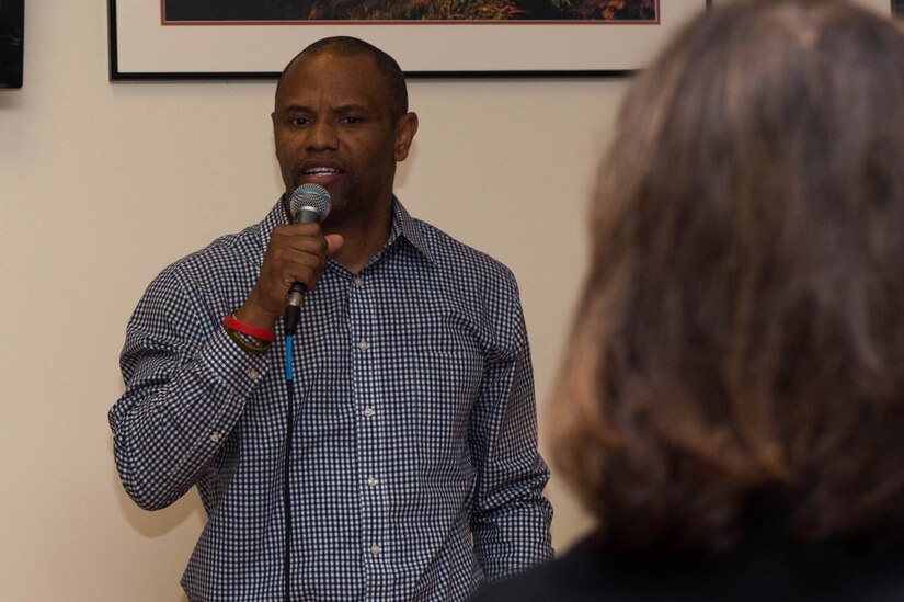 Fred McKinnon, comedian, performs during the Survivor Outreach Services’ Thanks for Giving Potluck at Joint Base Langley-Eustis, Va., Nov. 17, 2016. The potluck was held to thank and show support for Gold Star families who have lost loved ones. (U.S. Air Force photo by Airman 1st Class Derek Seifert) 