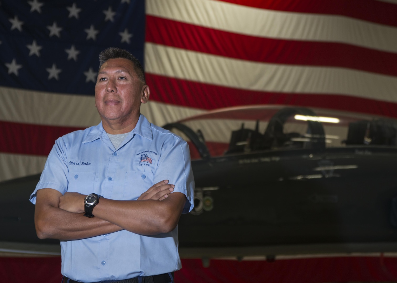 Chris Bahe, 12th Flying Training Wing T-38C Talon II crew chief, has worked at Joint Base San Antonio-Randolph as a crew chief since 2007. Bahe also served 20 years in the Navy, where he spent part of his career as the crew chief for the No. 5 jet of the Blue Angels, the Navy’s flight demonstration team. (U.S. Air Force photo by Airman 1st Class Lauren Ely/Released)