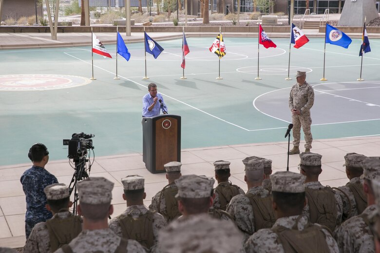 Defense Secretary Ash Carter addresses Marines and sailors at the Dunham Amphitheatre aboard Marine Corps Air Ground Combat Center, Twentynine Palms, Calif., Nov. 15, 2016. Carter visited the installation to observe a combined arms live-fire exercise (CALFEX), meet with Combat Center leadership, and address Marines and sailors stationed aboard the installation.   (Official Marine Corps photo by Lance Cpl. Dave Flores/Released)