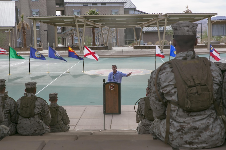 Defense Secretary Ash Carter addresses Marines and sailors at the Dunham Amphitheatre aboard Marine Corps Air Ground Combat Center, Twentynine Palms, Calif., Nov. 15, 2016. Carter visited the installation to observe a combined arms live-fire exercise (CALFEX), meet with Combat Center leadership, and address Marines and sailors stationed aboard the installation.   (Official Marine Corps photo by Lance Cpl. Dave Flores/Released)