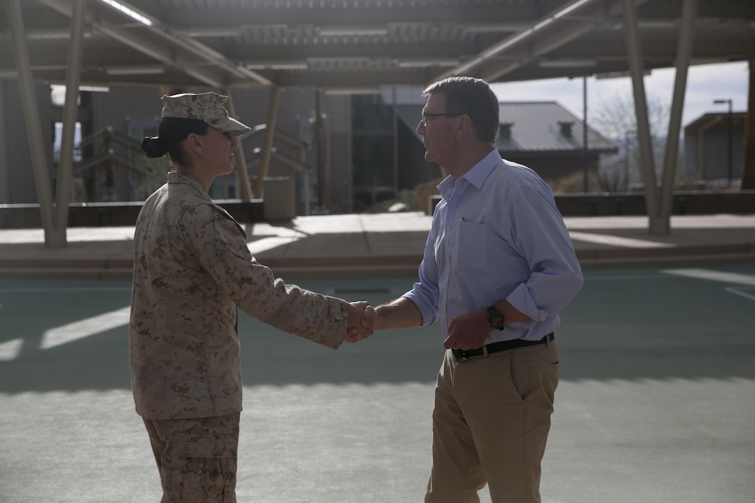 Defense Secretary Ash Carter shakes hands with Cpl. Elizabeth Rock, armorer, Headquarters Battalion, after addressing Marines stationed aboard Marine Corps Air Ground Combat Center, Twentynine Palms, Calif., during a visit to the installation, Nov. 15, 2016. Carter visited the installation to observe a combined arms live-fire exercise (CALFEX), meet with Combat Center leadership, and address Marines and sailors stationed aboard the installation. (Official Marine Corps photo by Lance Cpl. Dave Flores/Released)