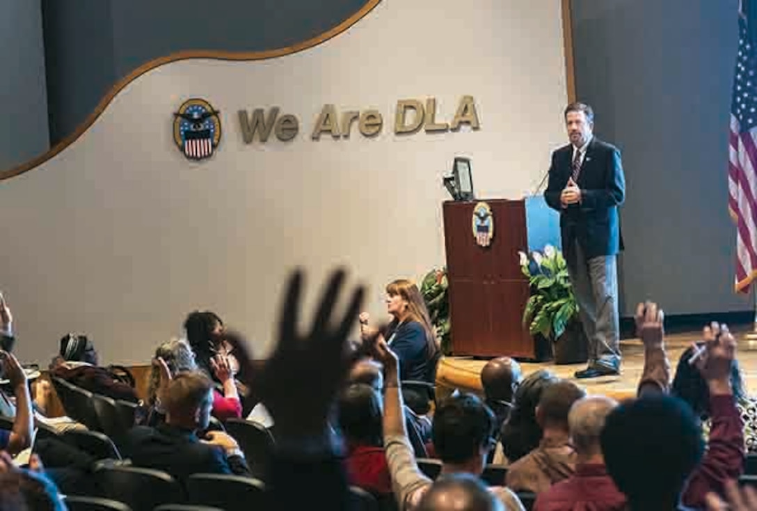 Brad Bunn, Director, DLA Human Resources takes questions from the Columbus Land and Maritime audience during his ongoing DLA Human Resources Roadshow. Bunn is visiting DLA organizations to further discuss the implementation of the new DPMAP system and other HR related issues impacting the DLA workforce. 