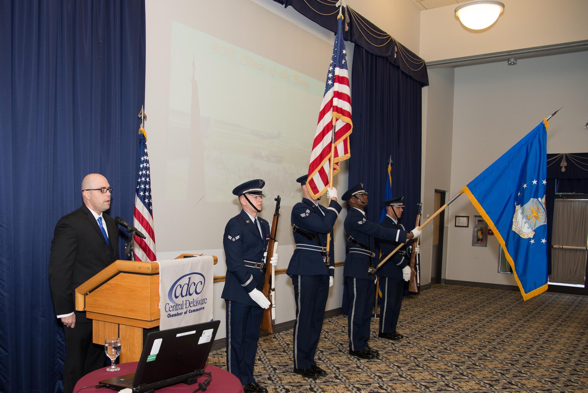 Civic leaders select refreshments at the 2016 Military Construction Breakfast Nov. 21, 2016, at the Landings on Dover Air Force Base, Del. The annual brief updates community leaders on current, ongoing and upcoming base construction projects. (U.S. Air Force photo by Mauricio Campino)