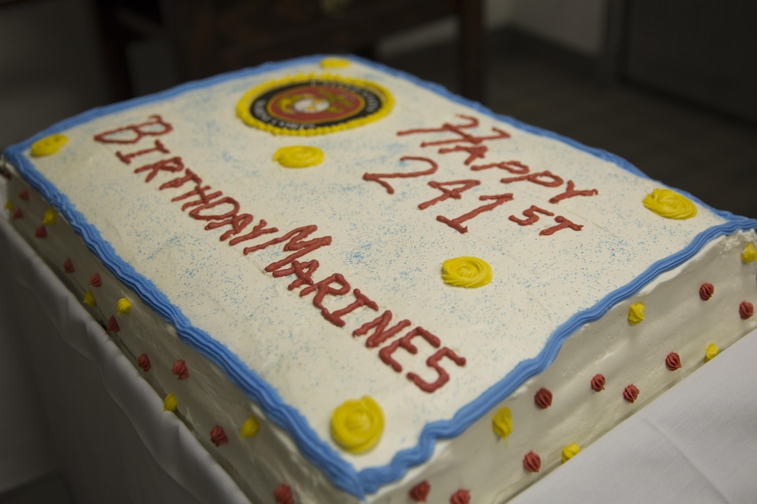 A cake commemorating the 241st Marine Corps birthday sits on display during preparation for the Marine Corps birthday meal at Phelps Mess Hall, Nov. 10, 2016. The Marine Corps’ birthday is one of the many traditions that Marines take great pride in celebrating annually. (Official Marine Corps photo be Cpl. Medina Ayala-Lo/Released)