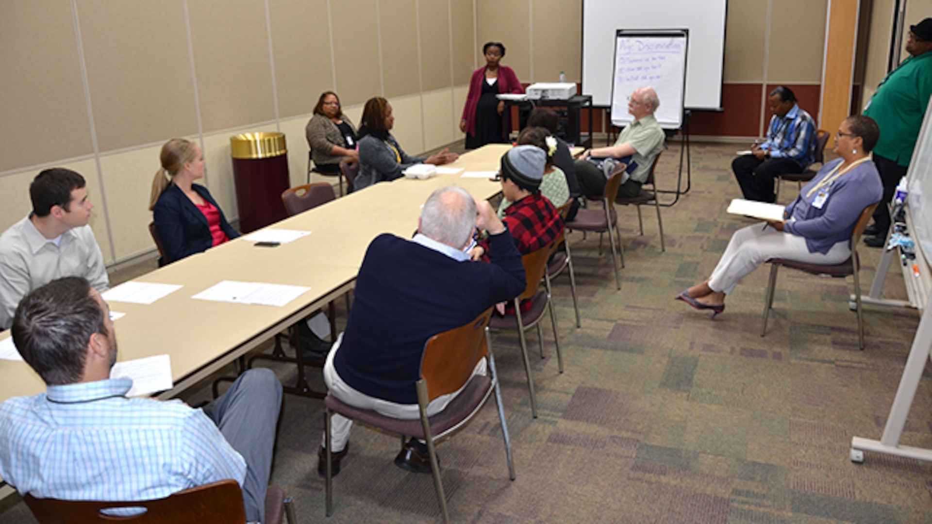 Defense Logistics Agency Aviation's employee working group committee and the Equal Employment Opportunity and Diversity Office presented a "Bystander Awareness Day" event to emphasize the problems that arise when employees experience bullying in the workplace. Attendees are shown here in one of the four breakout sessions titled: bullying; sexual harrassment, age discrimination or disparate treatment to discuss ways to help victims and prevention strategies.  