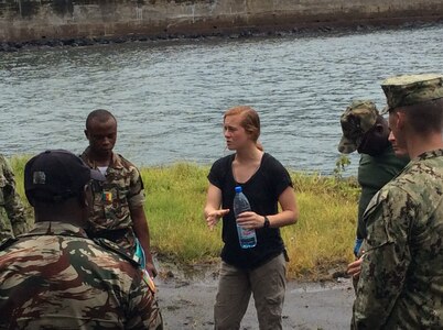 1st Lt. Ariel Saltin communicates lessons provided by U.S. Marine Corps instructors on piracy deterrence tactics to Cameroonian marines. Saltin traveled to Cameroon with LEAP in order to provide joint training support. (Courtesy photo) 
