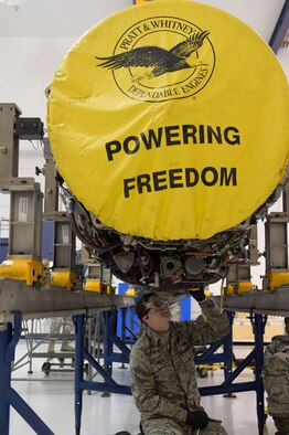 U.S. Air Force Airman 1st Class Preston Watts, 27th Aircraft Maintenance Unit tactical aircraft maintenance specialist, inspects the training engine of an F-22 Raptor while in an advanced training class at Joint Base Langley-Eustis, Va., Nov. 17, 2016.  The courses are part of a major command level training plan to advance the level of knowledge the students have and help them become more motivated with more knowledge of the field. (U.S. Air Force photo by Senior Airman Kimberly Nagle)