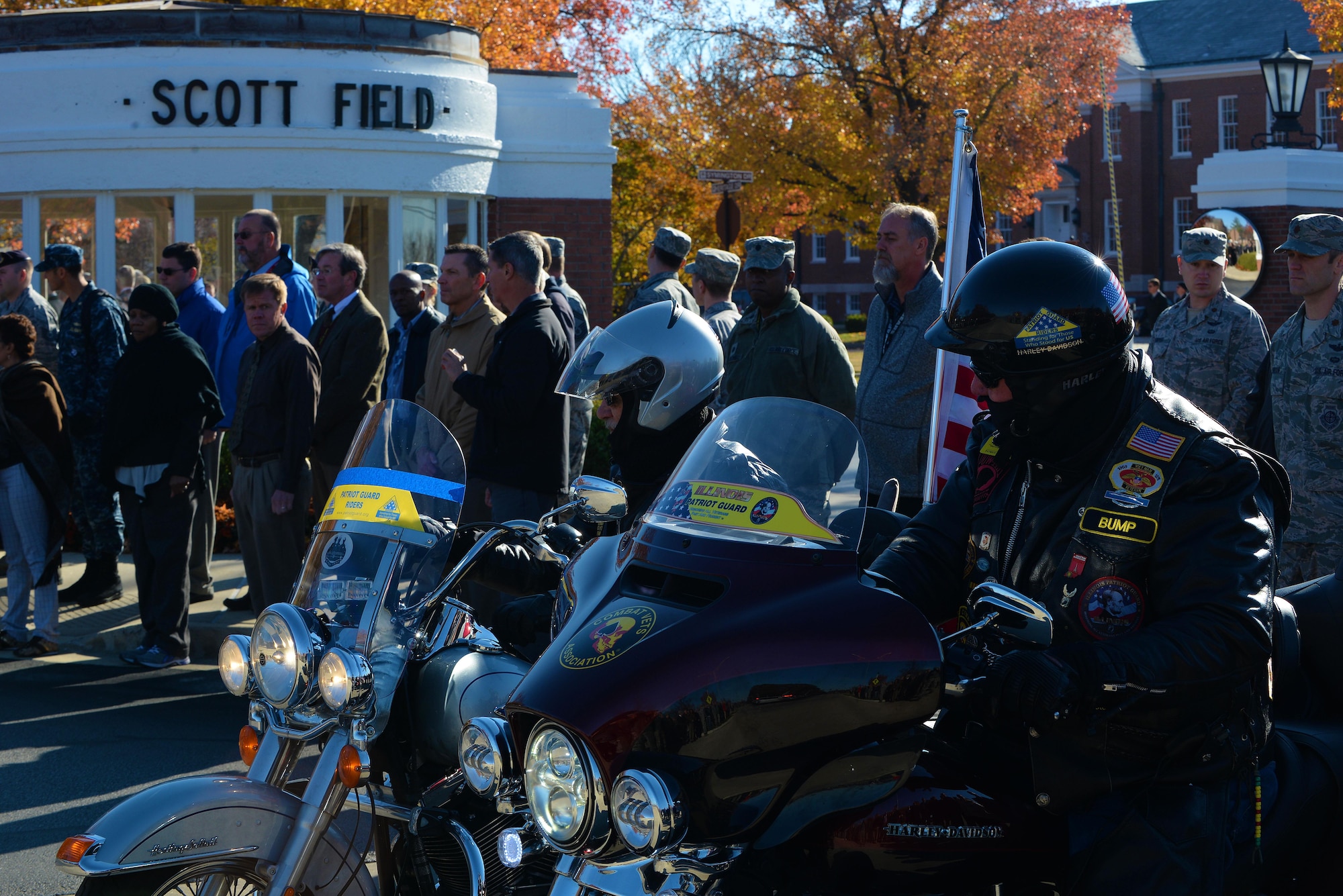 Patriot Guard riders prepare to escort the procession for Pfc. Tyler R. Iubelt, Scott Air Force Base, Illinois, Nov. 21, 2016. Iubelt died Nov. 12 as a result of injuries sustained from an improvised explosive device in Bagram, Afghanistan. His remains transited through Scott AFB with his family, where Scott personnel were able to pay their final respects to the 20-year-old native of Tamaroa, Illinois. He was assigned to Fort Hood, Texas. (U.S. Air Force photo by Senior Airman Erica Fowler)