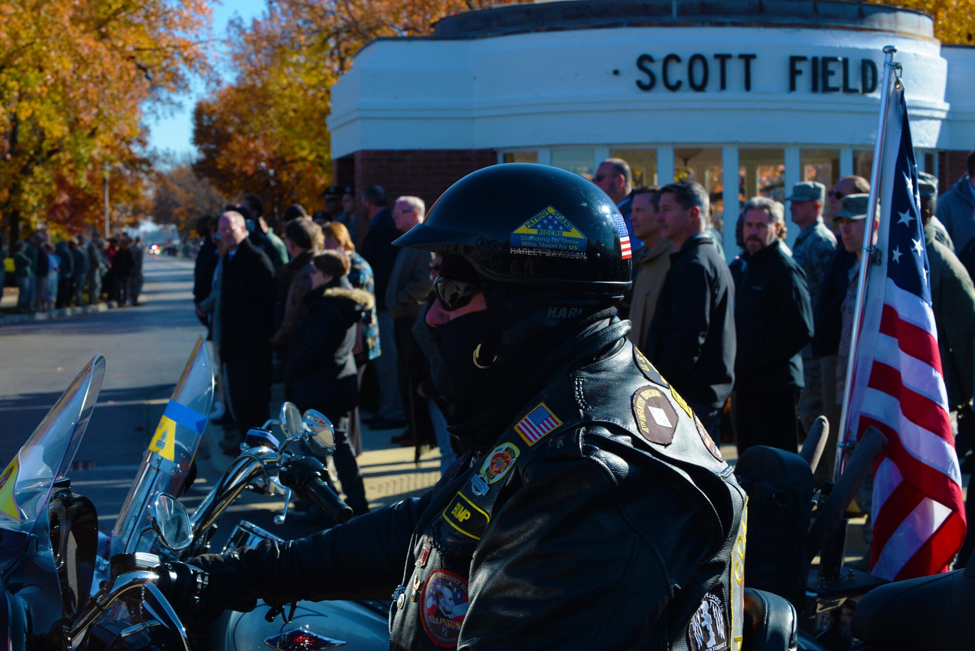 Patriot Guard riders prepare to escort the procession for Pfc. Tyler R. Iubelt, Scott Air Force Base, Illinois, Nov. 21, 2016. Iubelt died Nov. 12 as a result of injuries sustained from an improvised explosive device in Bagram, Afghanistan. His remains transited through Scott AFB with his family, where Scott personnel were able to pay their final respects to the 20-year-old native of Tamaroa, Illinois. He was assigned to Fort Hood, Texas. (U.S. Air Force photo by Senior Airman Erica Fowler)