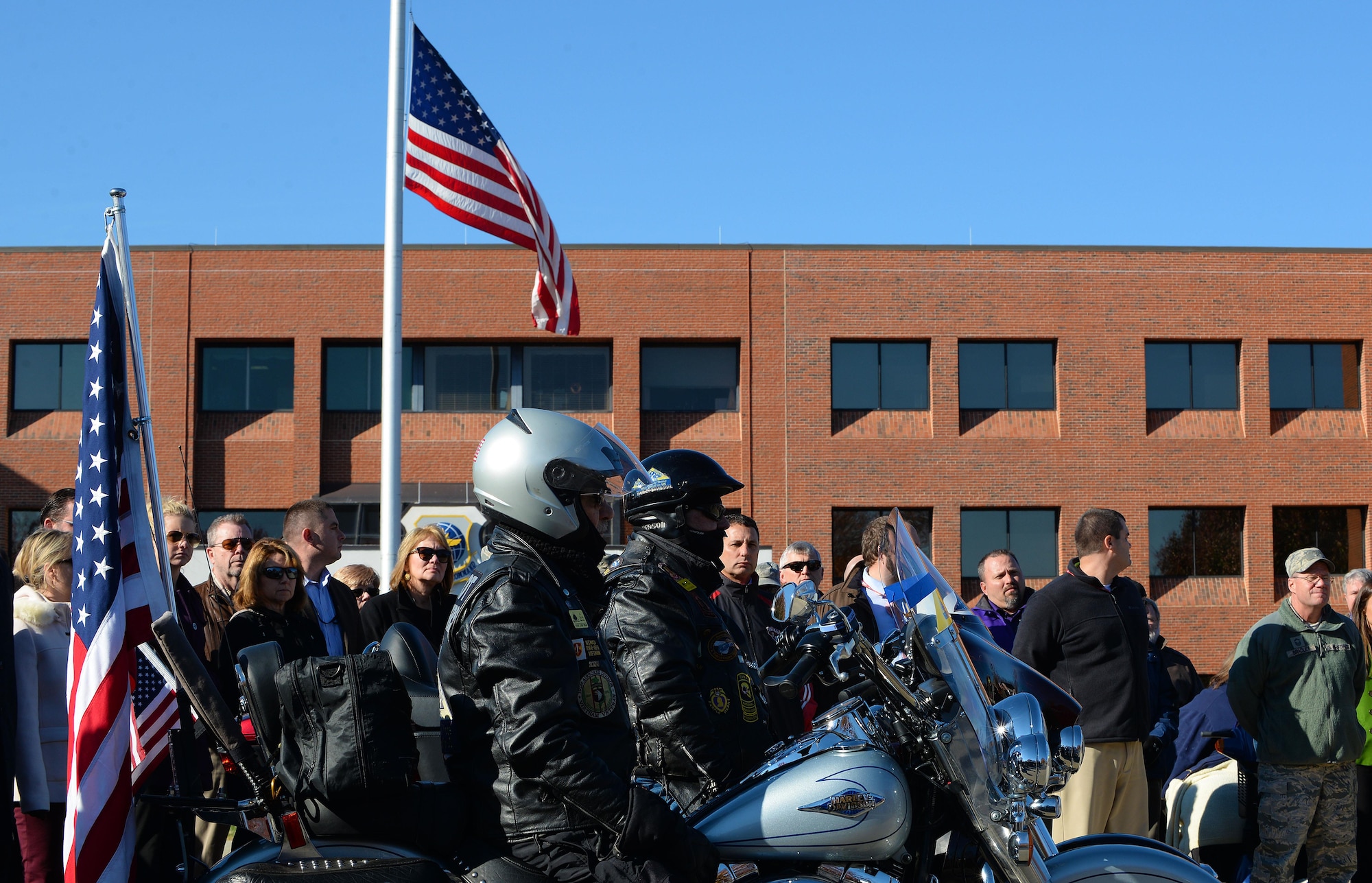 Patriot Guard riders prepare to escort the procession for Pfc. Tyler R. Iubelt, Scott Air Force Base, Illinois, Nov. 21, 2016. Iubelt died Nov. 12 as a result of injuries sustained from an improvised explosive device in Bagram, Afghanistan. His remains transited through Scott AFB with his family, where Scott personnel were able to pay their final respects to the 20-year-old native of Tamaroa, Illinois. He was assigned to Fort Hood, Texas. (U.S. Air Force photo by Senior Airman Erica Fowler)