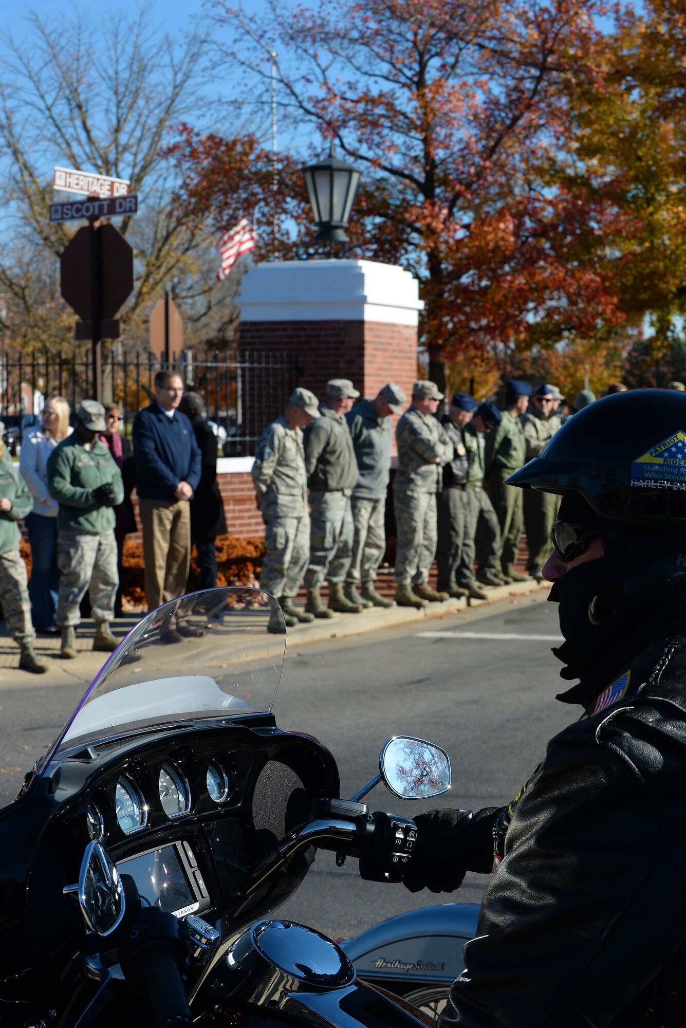 Patriot Guard riders prepare to escort the procession for Pfc. Tyler R. Iubelt, Scott Air Force Base, Illinois, Nov. 21, 2016. Iubelt died Nov. 12 as a result of injuries sustained from an improvised explosive device in Bagram, Afghanistan. His remains transited through Scott AFB with his family, where Scott personnel were able to pay their final respects to the 20-year-old native of Tamaroa, Illinois. He was assigned to Fort Hood, Texas. (U.S. Air Force photo by Senior Airman Erica Fowler)