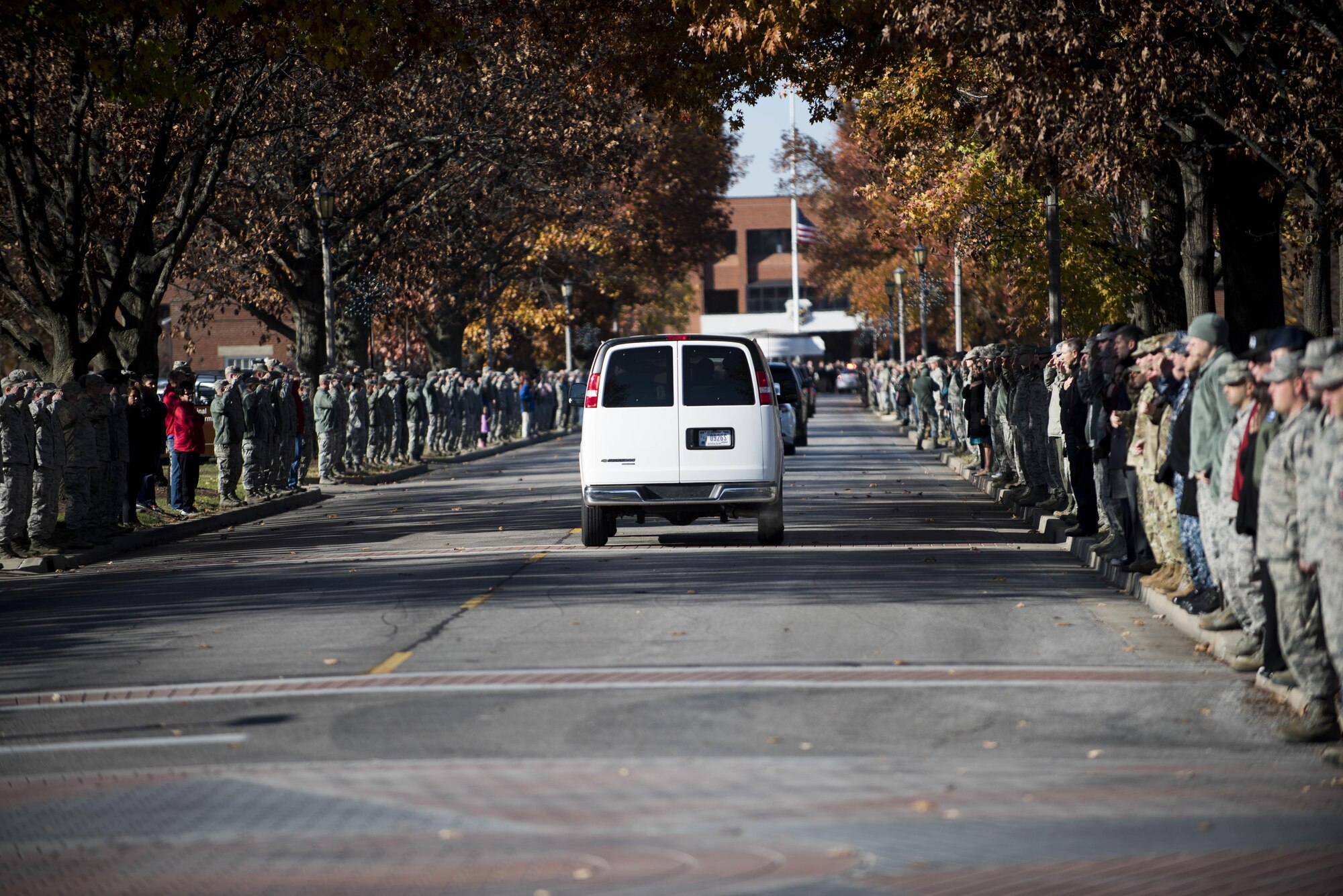 Members of Scott Air Force Base, Illinois salute the funeral procession of Pfc. Tyler Iubelt 21 Nov., 2016. Iubelt passed away on 12 Nov. while deployed to Bagram, Afghanistan. (U.S. Air Force photo by Staff Sgt. Clayton Lenhardt)