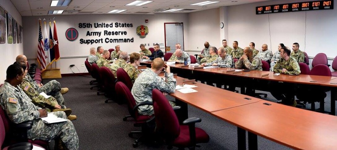 Army Reserve leaders assigned to the 85th Support Command conduct their staff update brief to the command's senior leaders during their battle assembly weekend.
(Photo by Sgt. David Lietz)