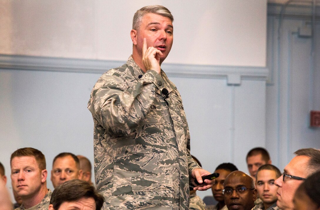 Lt. Col. George R. Sanderlin, Profession of Arms Center of Excellence, addresses New Jersey Air National Guard and 87th Air Base Wing Airmen along with Army Reserve Soldiers at the Timmerman Center, Joint Base McGuire-Dix-Lakehurst, N.J., Nov. 9, 2016. Sanderlin spoke about Professionalism: Enhancing human capital, which focuses on self-reflection as a means to better understand how military members can become better friends, parents, spouses, co-workers, and leaders. (U.S. Air National Guard photo by Master Sgt. Mark C. Olsen/Released)