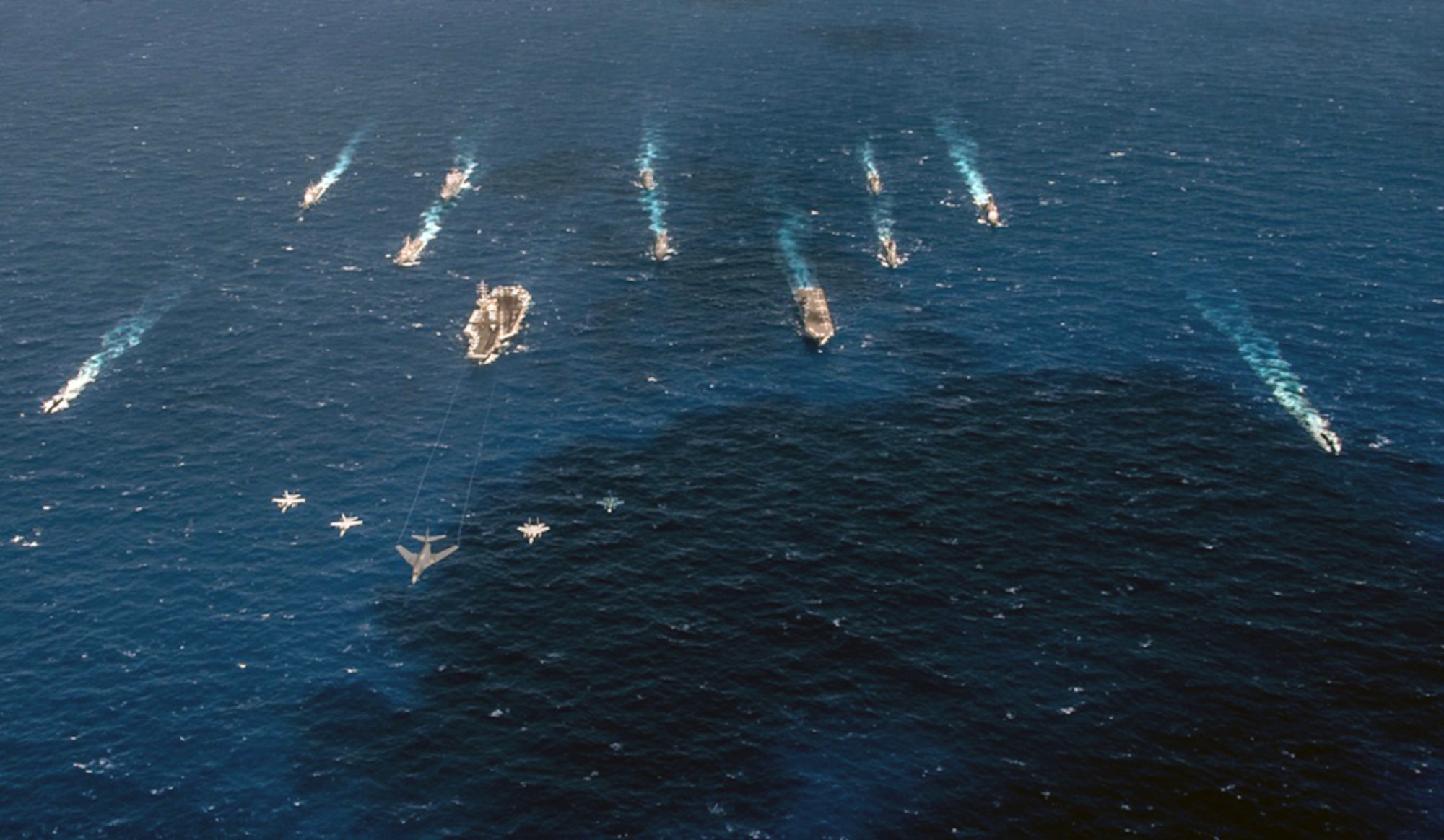 A B-1 bomber from the 34th Expeditionary Bomb Squadron leads a formation with fighters in front of U.S. Navy and Japanese surface vessels during Exercise Keen Sword 17, which took place Oct. 30 to Nov. 11, 2016, in the Pacific Ocean off the coasts of Japan, Guam and the Northern Mariana Islands. Keen Sword is a bilateral exercise between the Japanese Self-Defense Force and the United States designed to strengthen the Japan-U.S. alliance and increase combined combat readiness within the framework of the alliance.