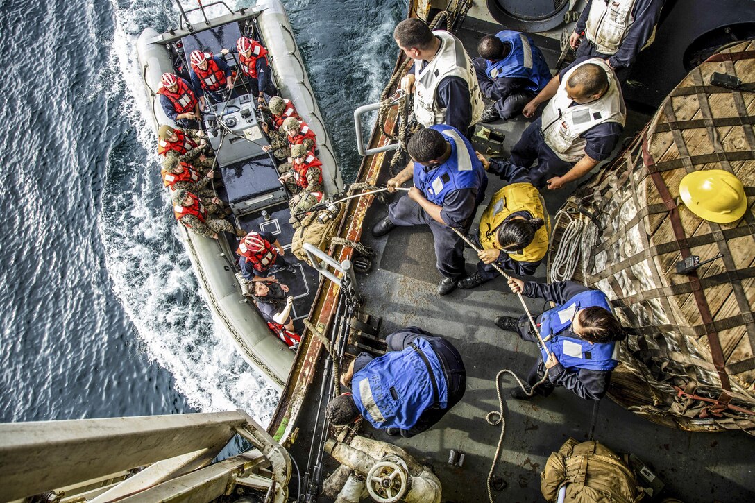 Marines board an inflatable boat from the amphibious assault ship USS Wasp for transport to amphibious transport dock ship USS San Antonio for a humanitarian aid training mission in the Atlantic Ocean, May 10, 2016. The ships are engaged in a composite training unit exercise. Marine Corps photo by Cpl. Ryan G. Coleman