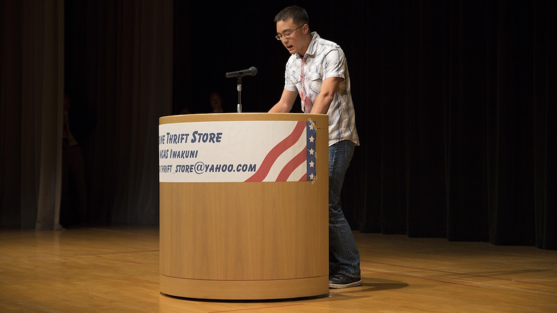 Kevin Barr, a contestant at the 55th Annual Japanese and English Speech Contest, delivers his speech in Japanese at Iwakuni Sinfonia in Iwakuni City, Japan, Nov. 13, 2016. Barr won 3rd place in the advanced Japanese division with his speech “Heiwa na sekai”. Japanese students delivered speeches in English and Americans in Japanese, while being critiqued on voice control, fluency and overall performance. The speech contest broke through language barriers and cultural differences, creating a stronger relationship between Japanese and Americans.  (U.S, Marine Corps photo by Pfc. Gabriela Garcia-Herrera)