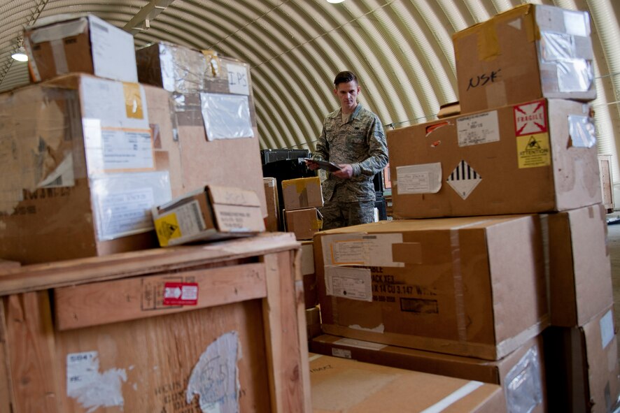 U.S. Air Force Senior Airman Dustin Murphy, 51st Logistics Readiness Squadron mobility readiness spare package journeyman, inventories readiness spare packages at the aircraft parts store on Osan Air Base, Republic of Korea, Nov. 16, 2016. The packages enable Osan’s aircraft to have parts needed to maintain aircraft in a forward-deployed location.  (U.S. Air Force photo by Staff Sgt. Jonathan Steffen)